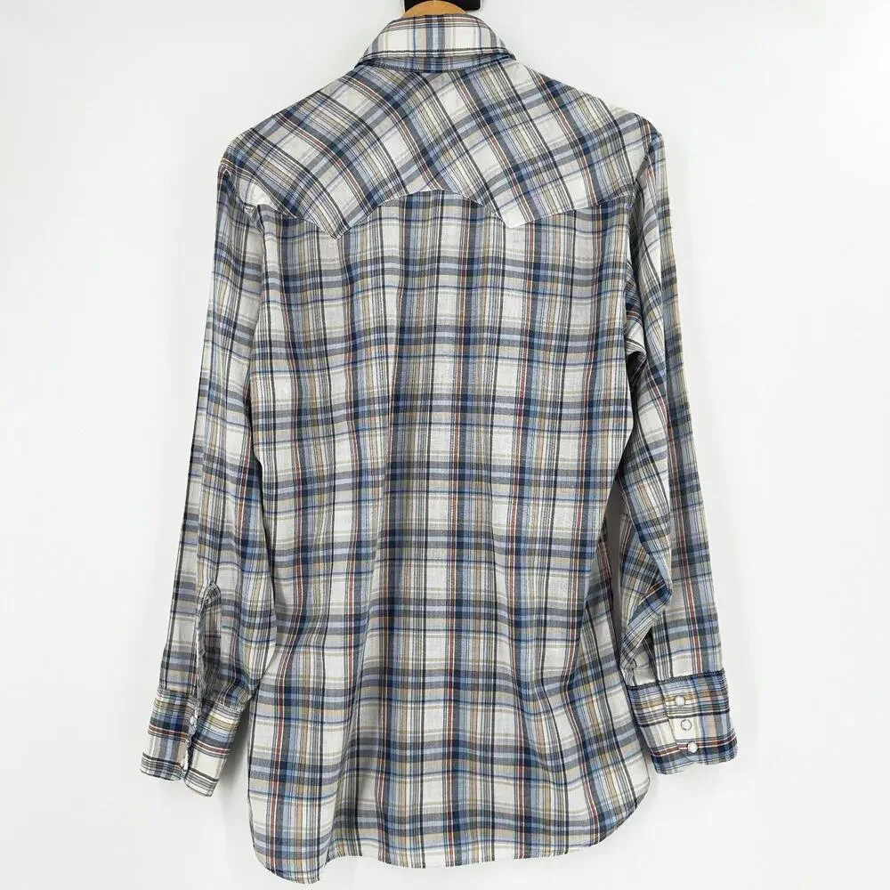 VTG‎ Levi's Men Western Pearl Snap Shirt Medium Plaid Cowboy Ranch Rodeo Retro